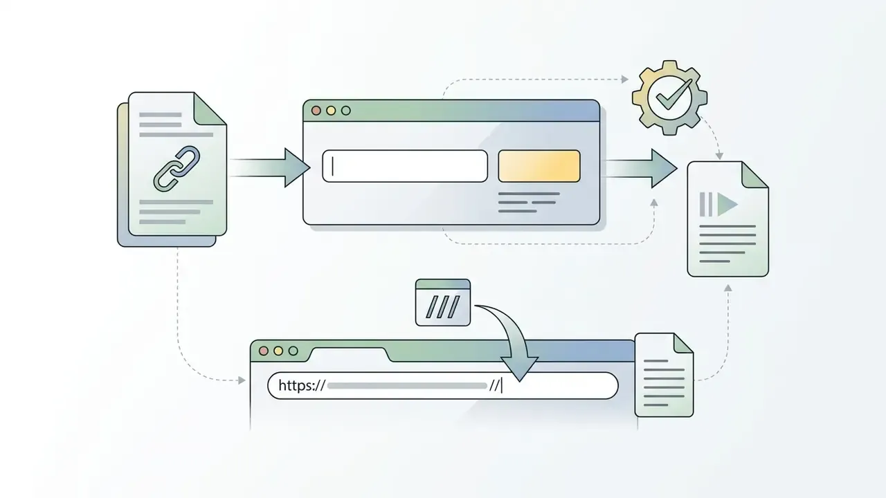 Diagram showing link input into a web interface or browser address bar to generate a video file