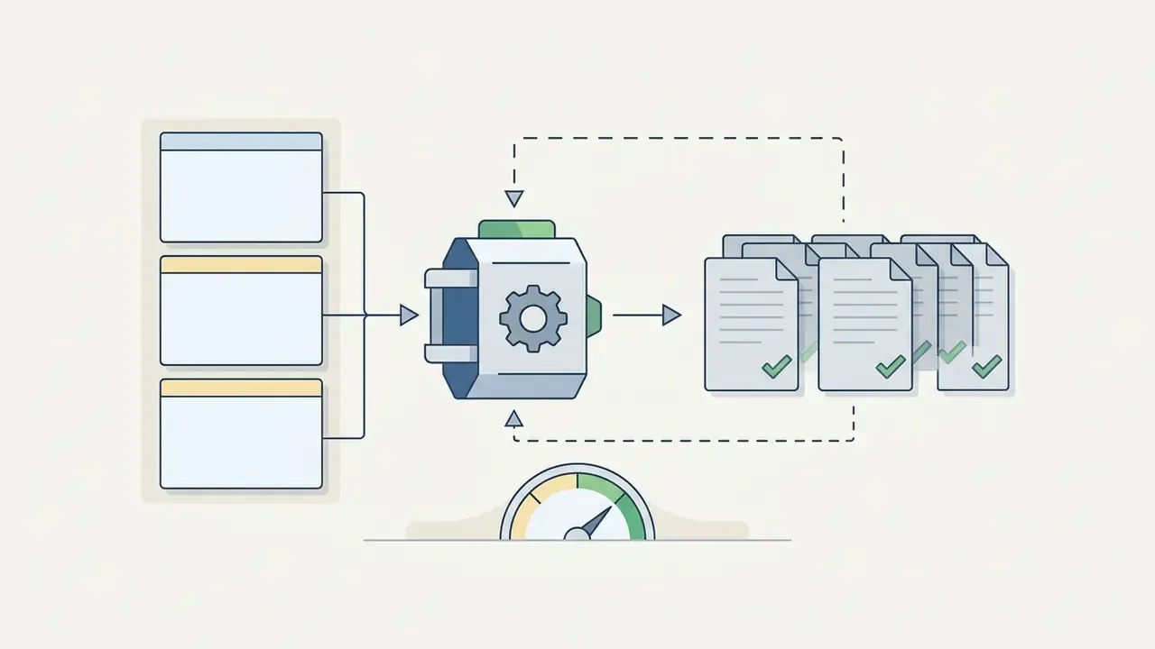 Interface windows feed into a gear system that outputs approved documents and a status gauge