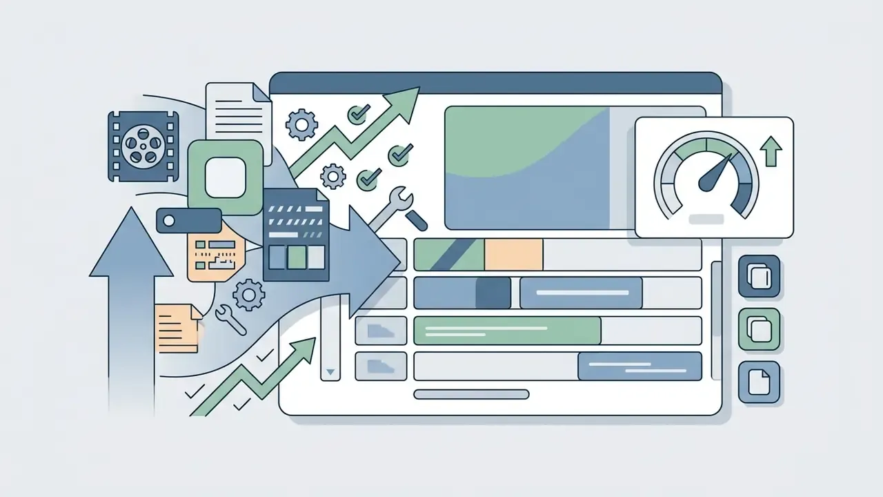 Video files and tools flowing into a timeline editing interface with a performance gauge