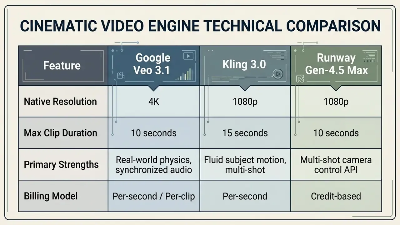 Comparison table evaluating technical features of Google Veo 3.1, Kling 3.0, and Runway Gen-4.5 Max