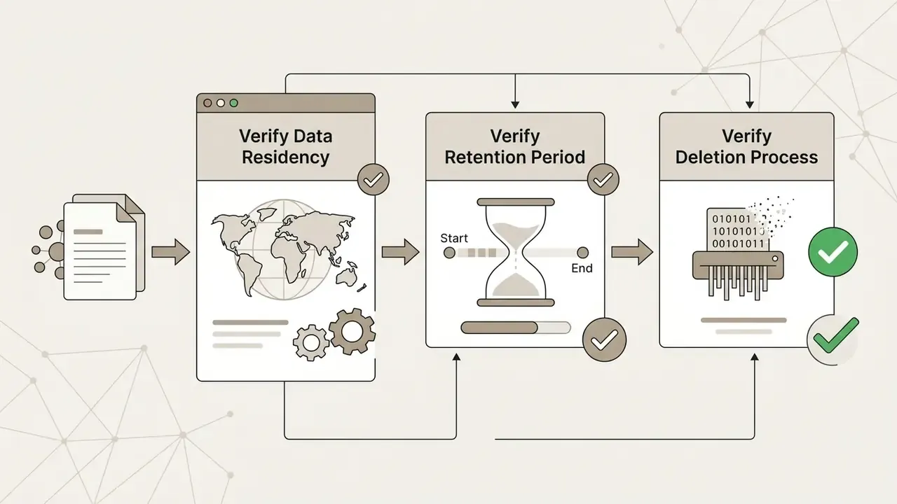 Three sequential panels showing data residency, retention period, and deletion process with checkmarks