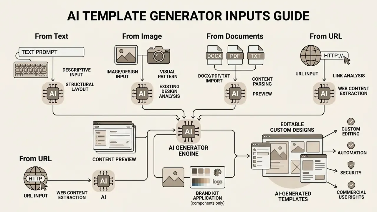 Diagram illustrating how text, images, documents, and URLs are processed into editable custom designs