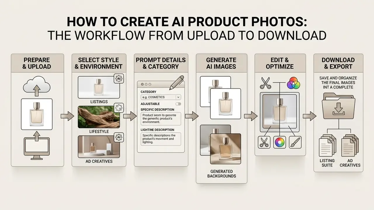 Step-by-step process diagram showing product photo preparation, environment selection, and final export