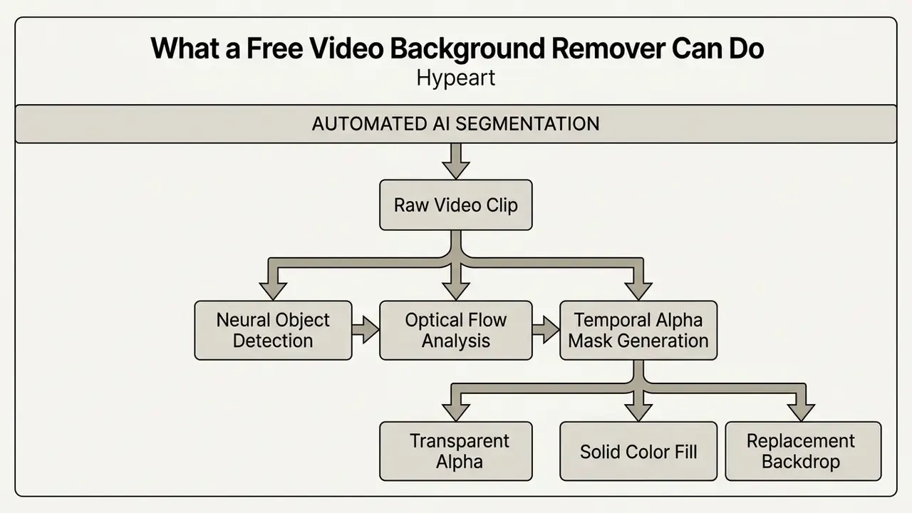 Flowchart showing the automated AI process from raw video clip input to final background output options