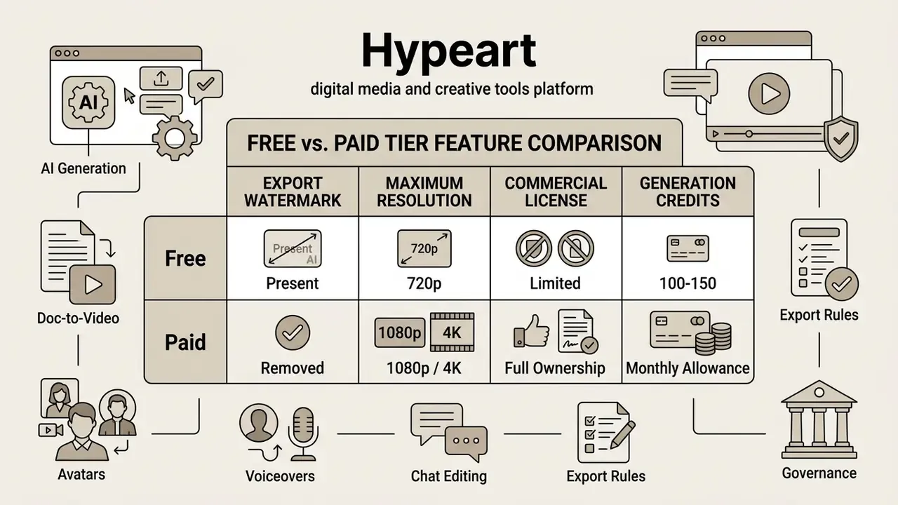 Table comparing free and paid subscription features including resolution, watermarks, and usage credits