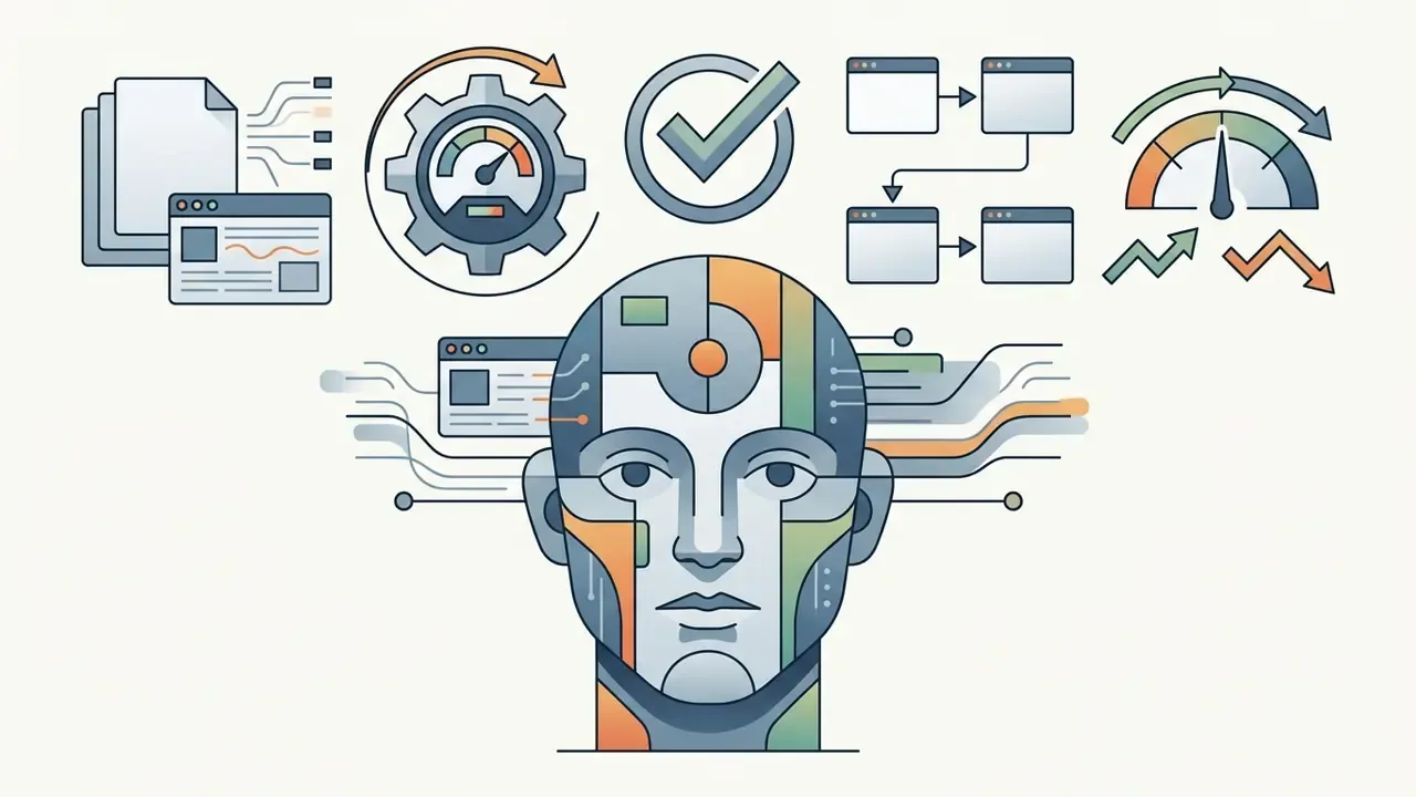 Stylized human head connected to digital icons representing data processing and performance metrics