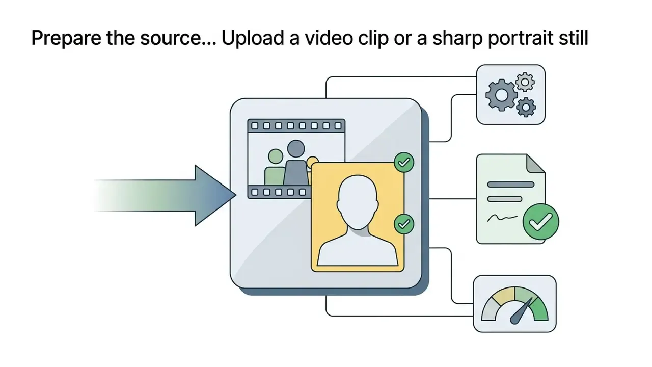 Arrow pointing to a video clip and portrait photo connected to gear, document, and gauge icons