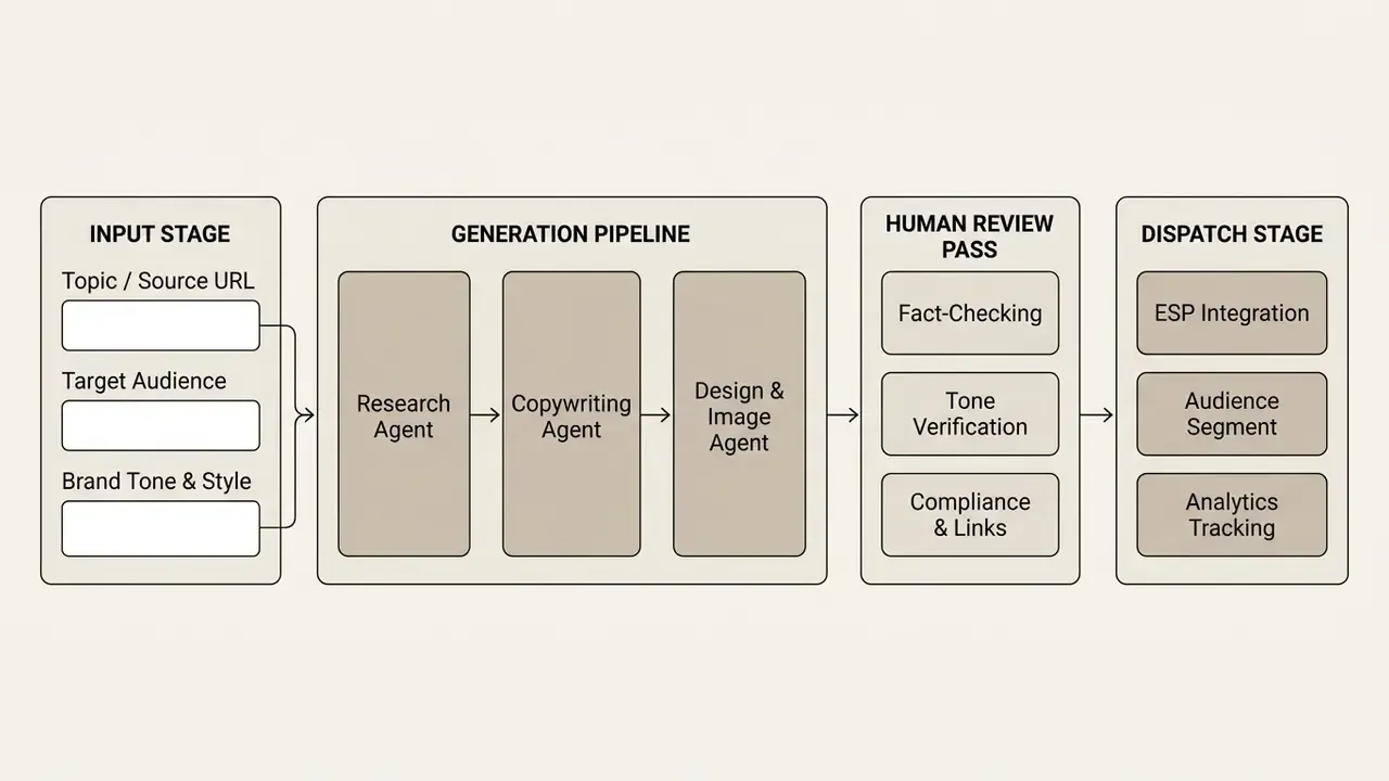 Diagram detailing the steps from initial inputs through AI generation to human review and final dispatch