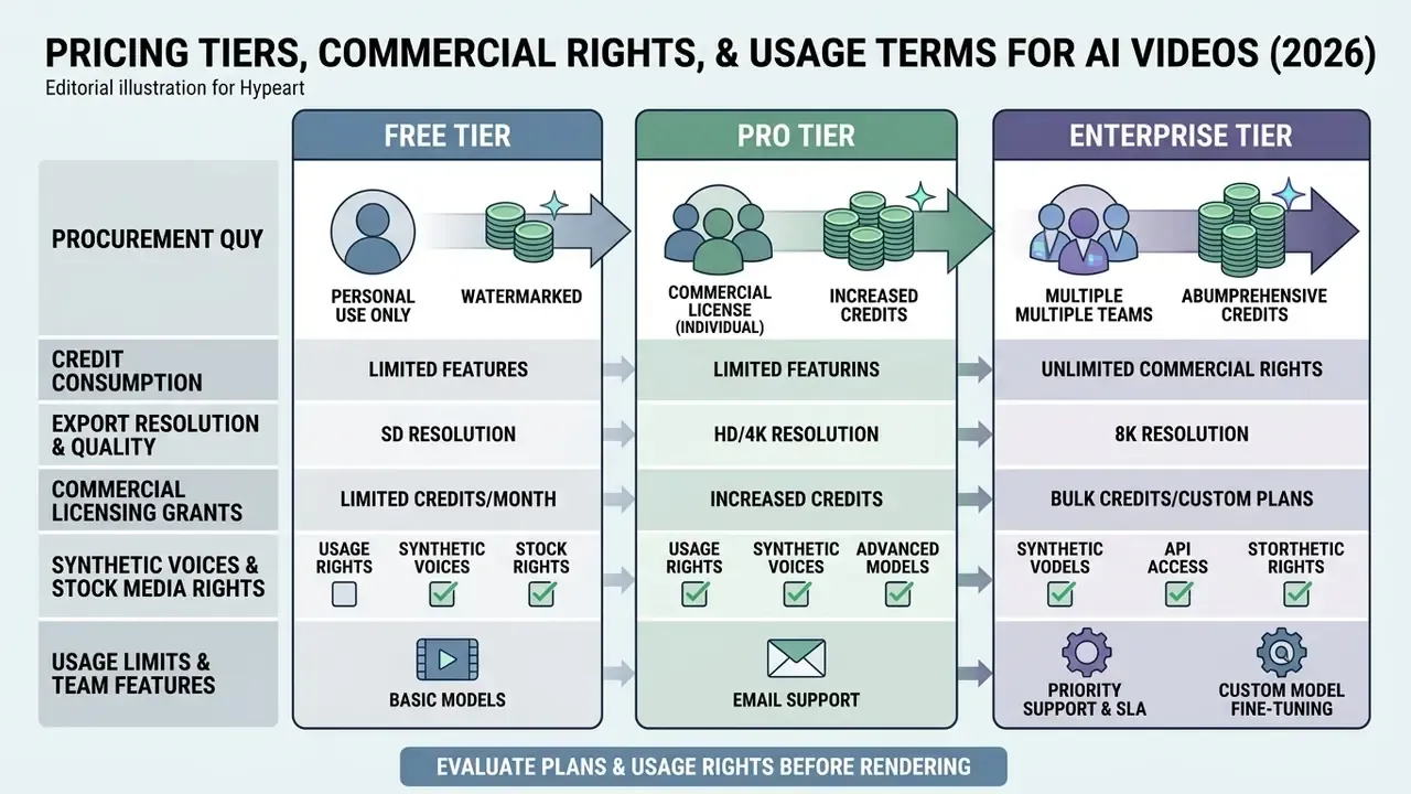 Table comparing free, pro, and enterprise software plans across credit, licensing, and usage categories