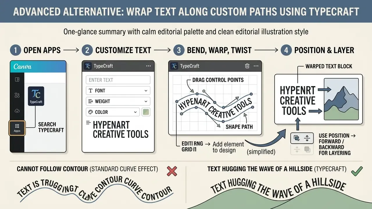 Four-step guide for using the TypeCraft app to warp and shape text around designs in Canva