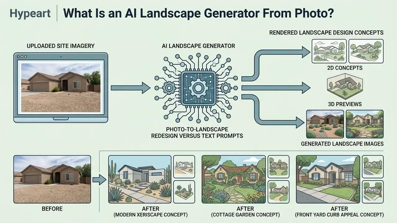 Infographic showing how an AI landscape generator converts a photo into various design concepts