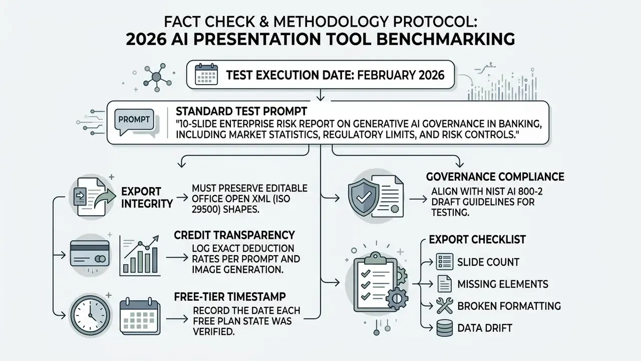 Structured overview of testing protocols for AI presentation tools including export and compliance checks