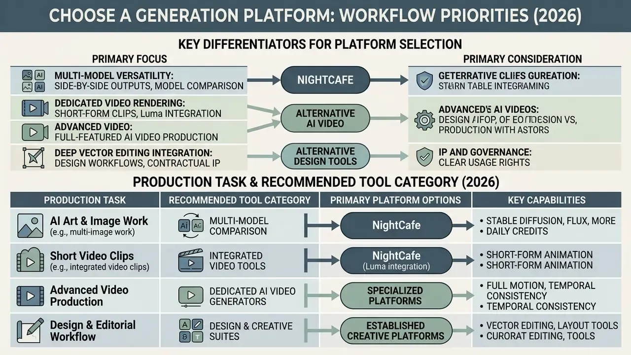 Comparison table mapping production tasks and workflow priorities to NightCafe AI and other platforms