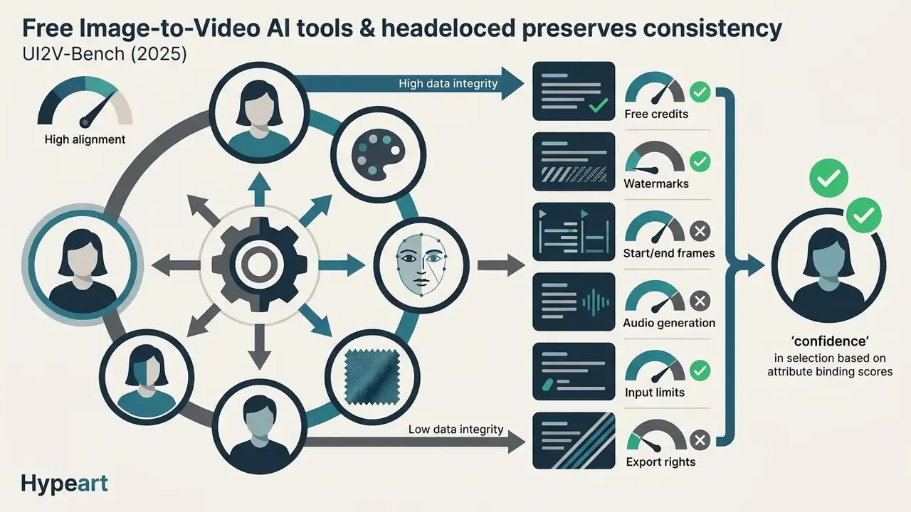 Cycle of portrait inputs and attribute icons feeding into a scoring system for AI video tool selection