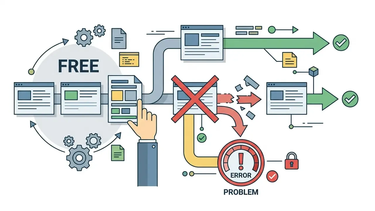 Hand interacting with a free plan document flow that leads to a blocked path and an error gauge