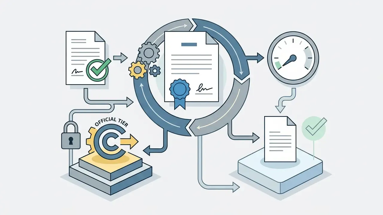 Documents and legal icons feeding into a circular processing loop to verify commercial usage rights