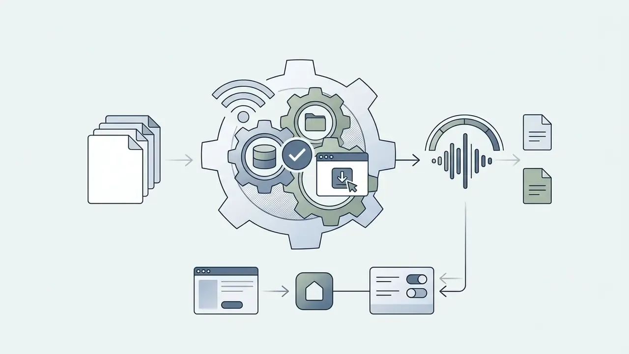 Documents feeding into a central gear mechanism that outputs audio waves and saved file icons