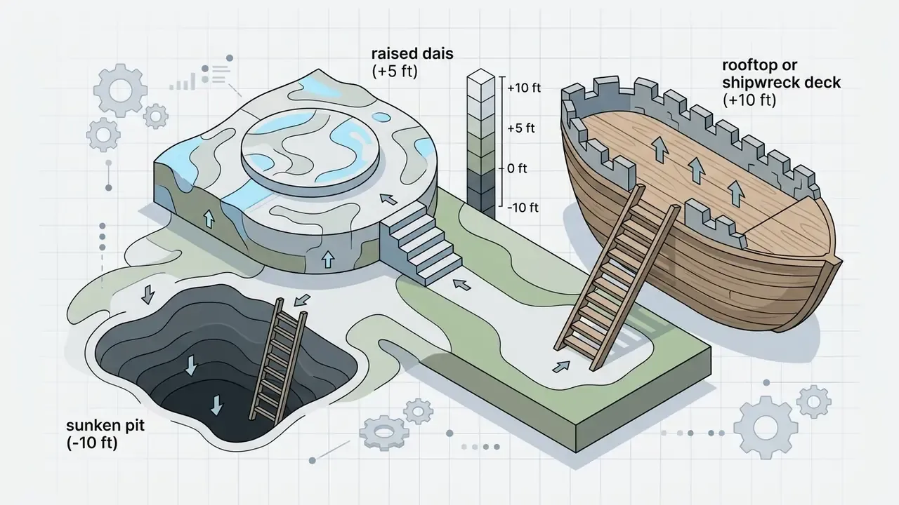 Isometric diagram showing a raised dais, a sunken pit, and a ship deck with elevation markers and ladders
