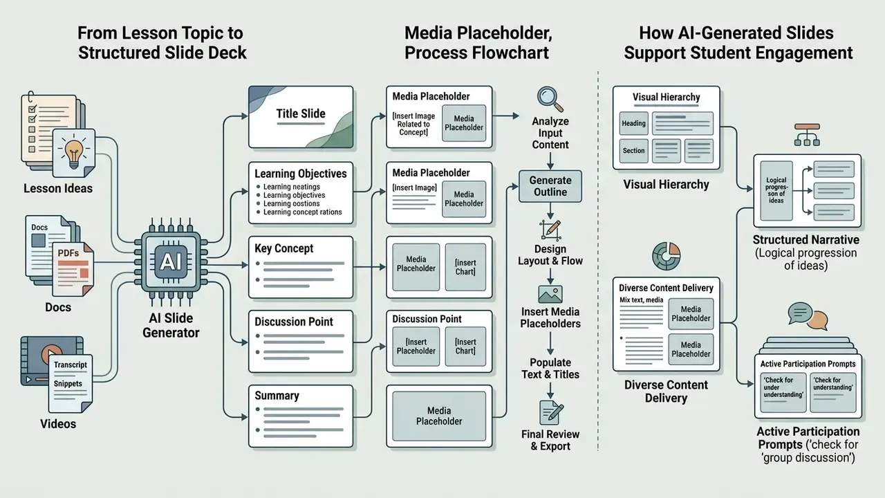 Infographic showing how an AI slide generator converts lesson ideas into structured, engaging presentations