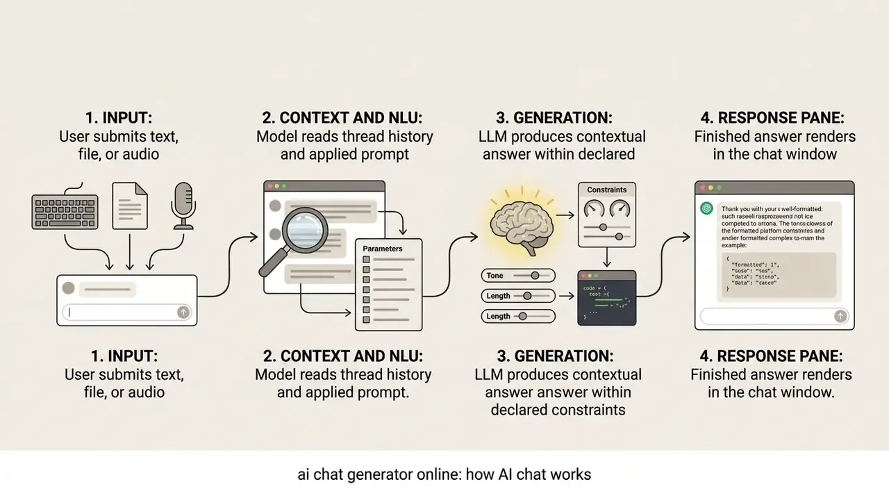Step-by-step visual workflow showing how user inputs are processed into contextual LLM responses