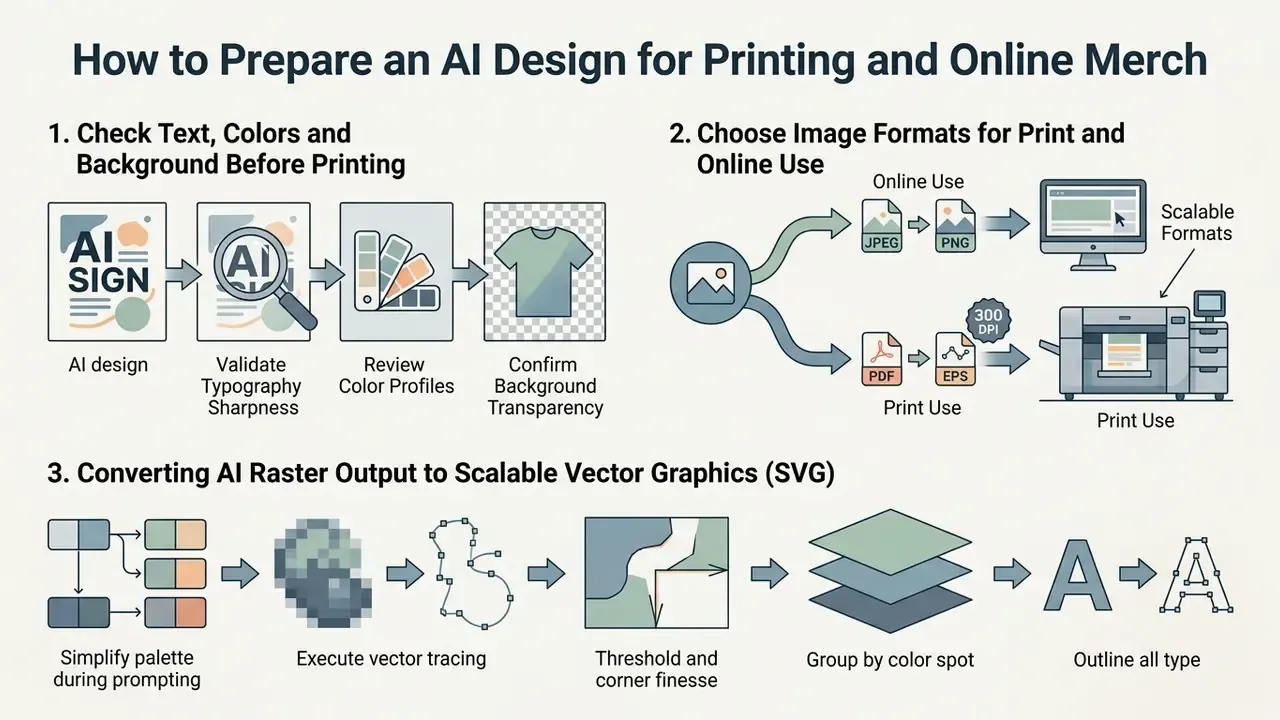 Diagram detailing file validation, format selection for print or web, and vector conversion processes