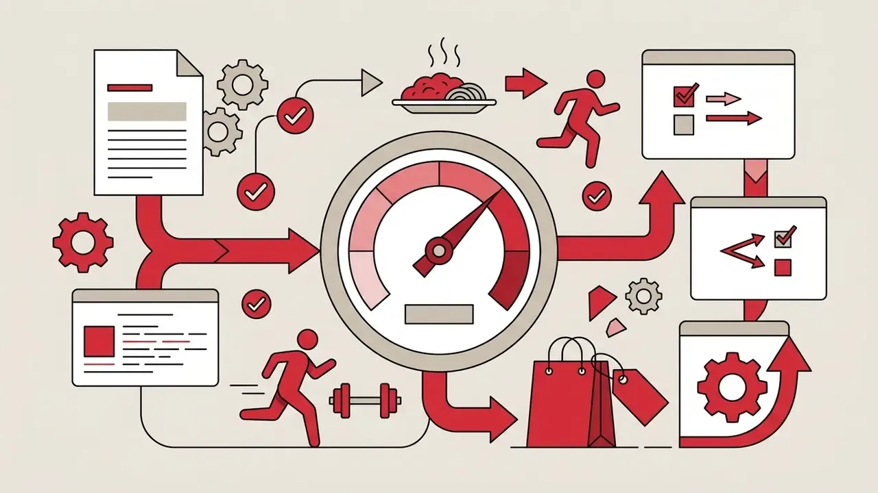 Red speedometer icon surrounded by symbols of food, fitness, retail shopping, and digital processes