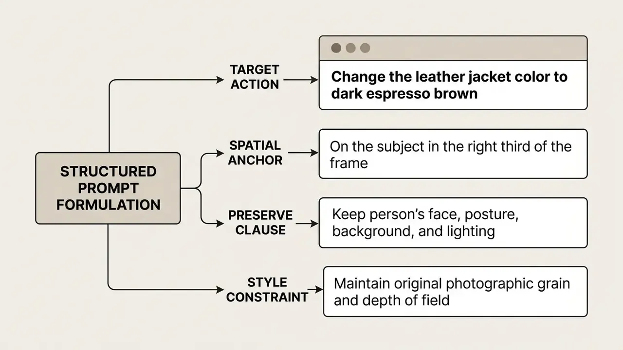 Branching structure mapping prompt components to specific action, spatial, preservation, and style instructions