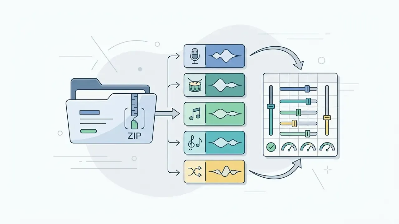 ZIP folder expanding into individual audio stems for mixing in a digital audio workstation
