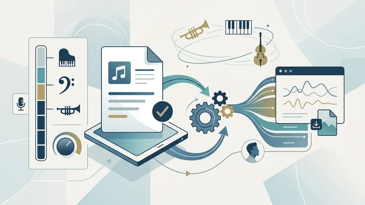 Document and tablet prompts feeding into a gear system that processes jazz instruments into audio waveforms