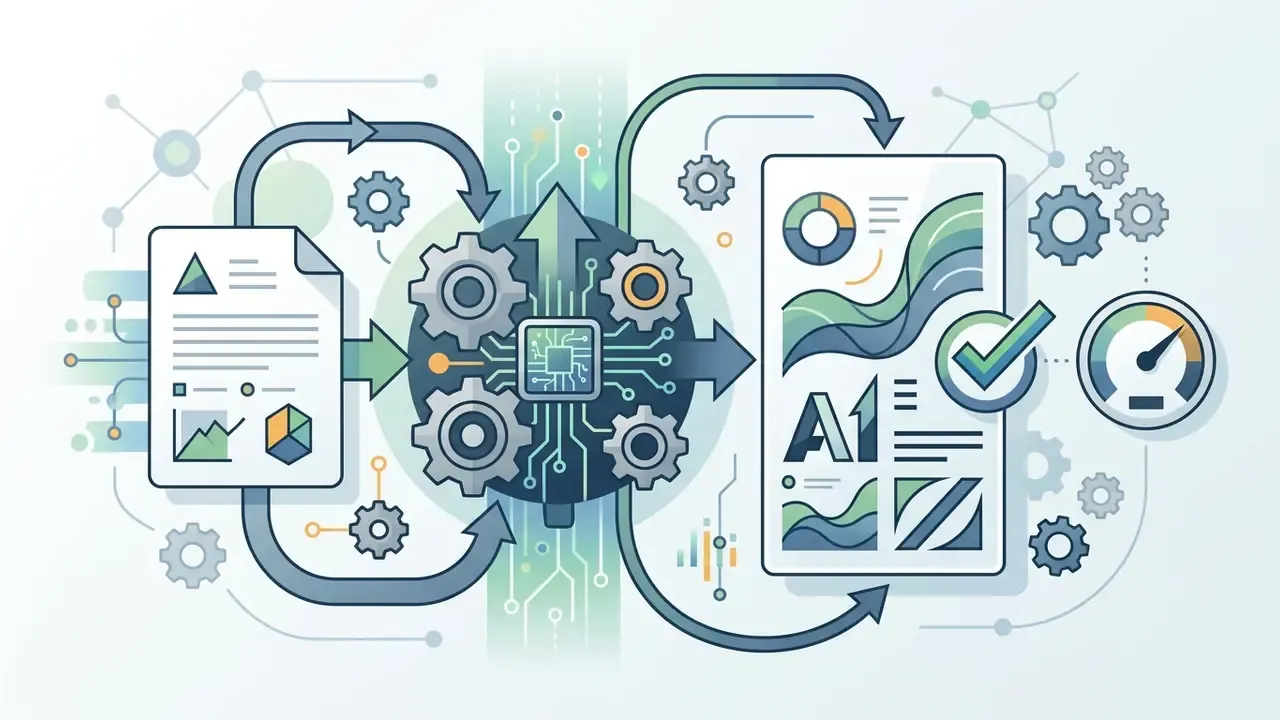 Document icons feeding into a central gear engine that outputs stylized charts and typography content