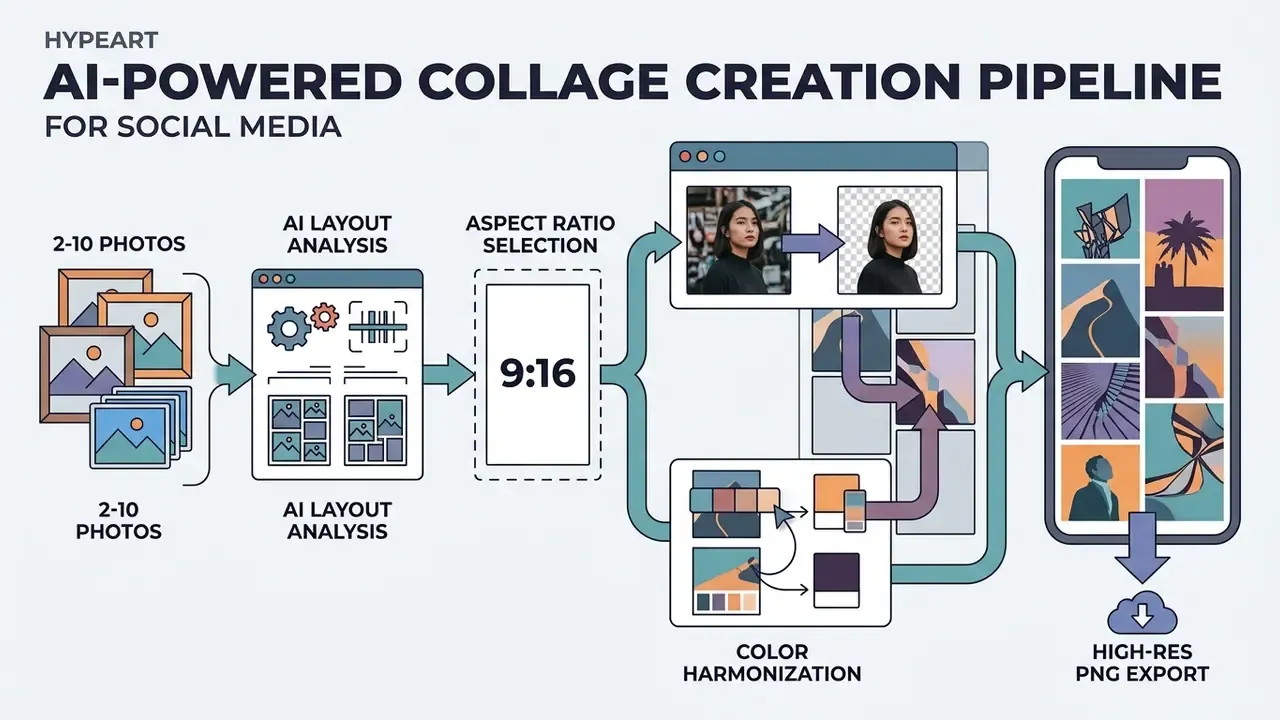 Flowchart showing the AI-powered collage creation process from photo upload to final high-resolution export