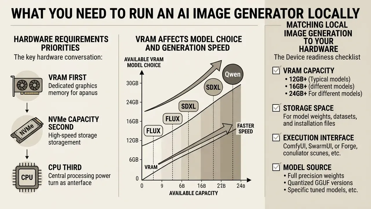Hardware priority list, VRAM performance graph, and a device readiness checklist for image generation