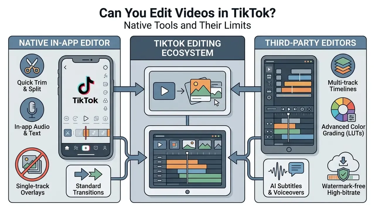 Comparison diagram showing features of the native TikTok editor versus third-party video editing tools