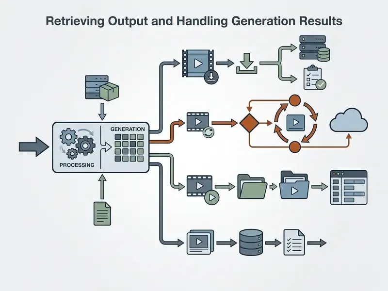 Process flow showing AI video generation outputs branching into storage, iterative refinement, and file management
