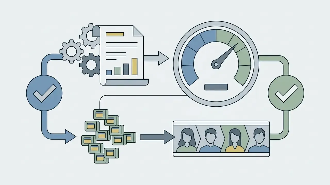Document and credit icons processing through a gauge to generate a series of talking head avatar videos
