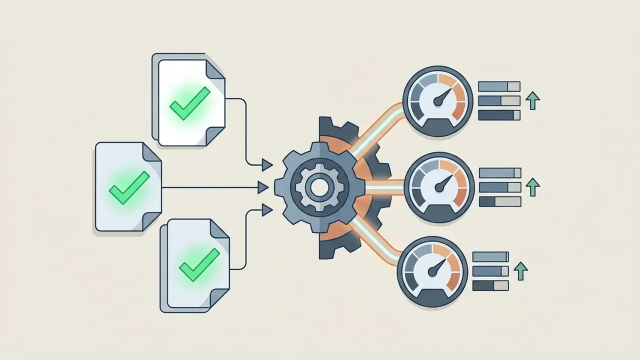 Three checked documents feeding into a gear mechanism that drives three gauges with bar chart indicators