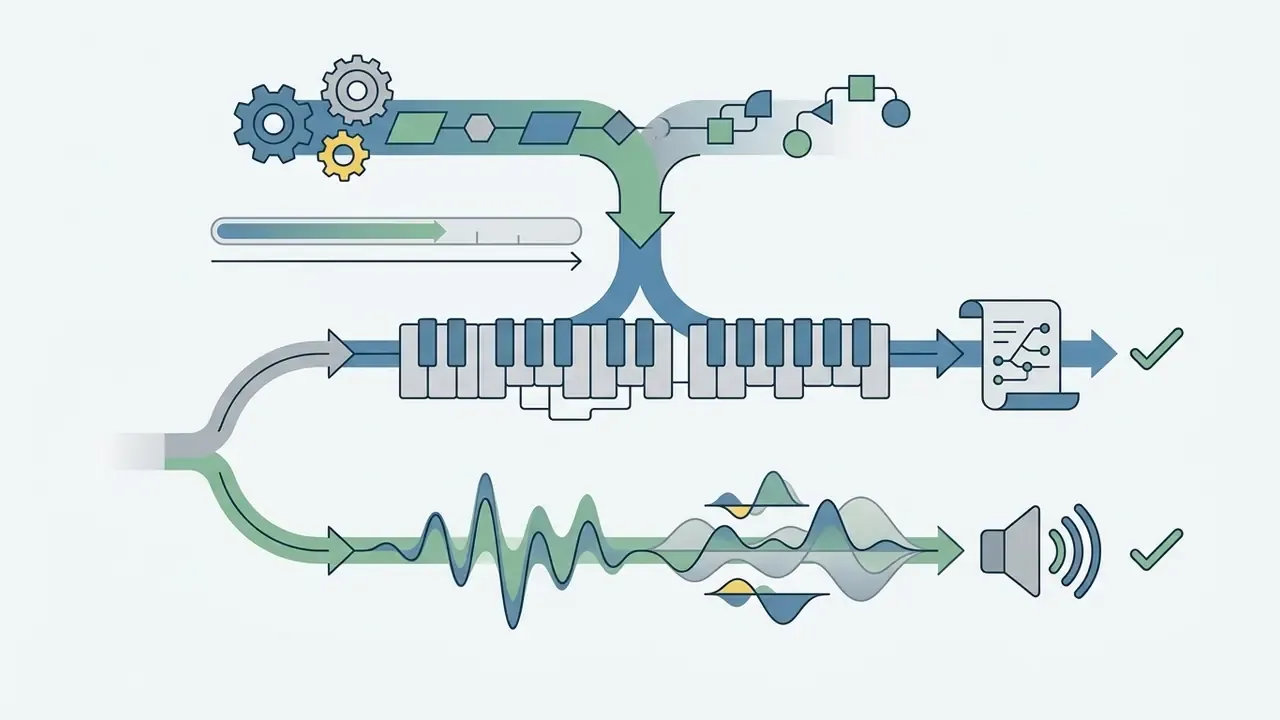 Diagram showing processing steps splitting into symbolic MIDI note data and rendered audio waveforms