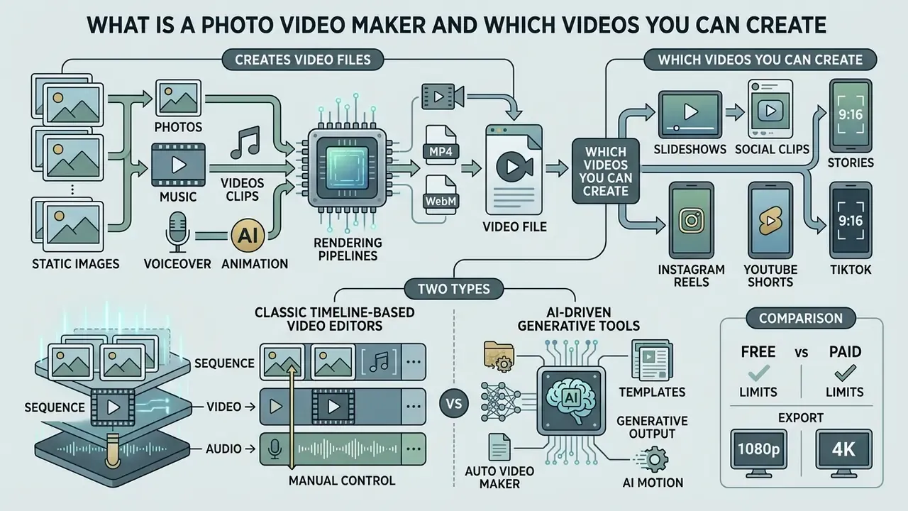 Infographic showing how a photo video maker processes media into various video formats and social content
