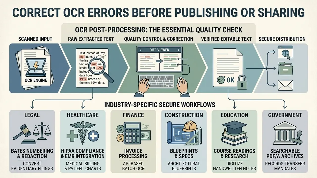 Process diagram showing OCR quality control steps leading to specialized industry workflows