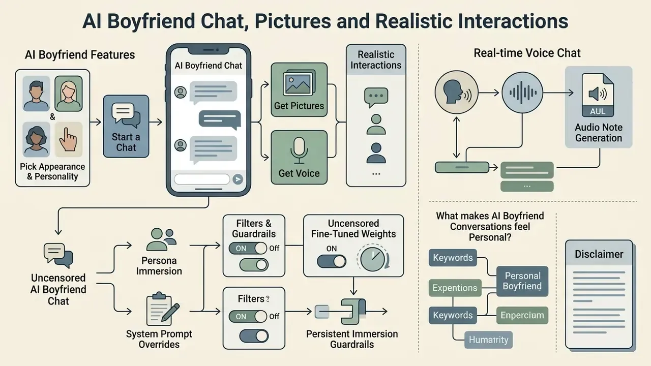 Diagram showing the technical components and interactive features of an AI boyfriend generator