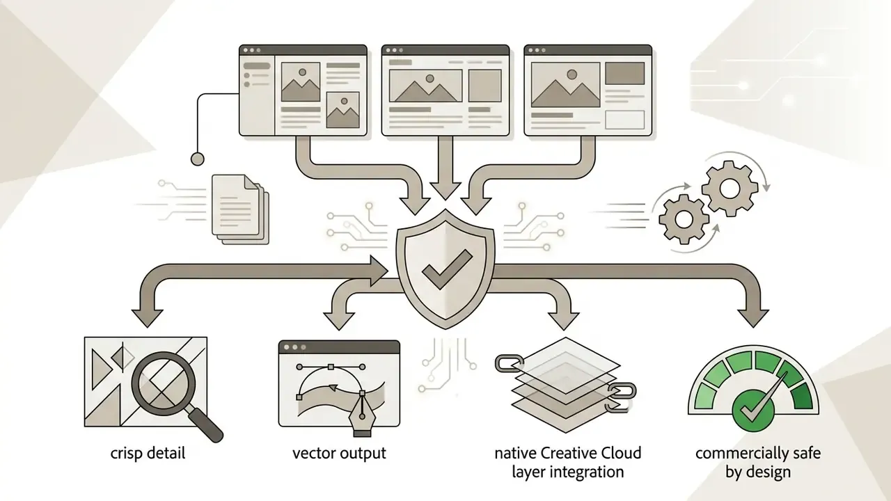 Diagram showing three browser windows feeding into a central shield icon that branches into four output icons