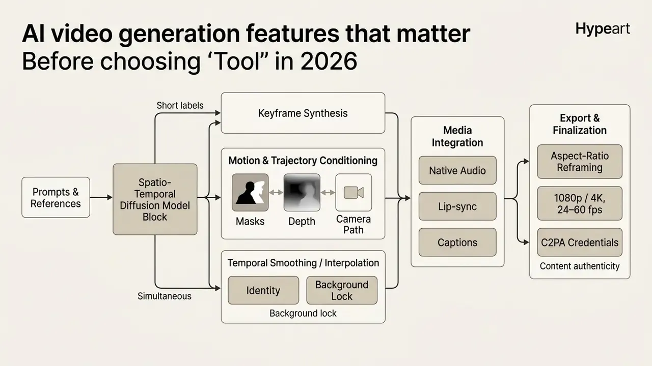 Technical flowchart mapping the workflow of an AI video generator from initial prompts to final export