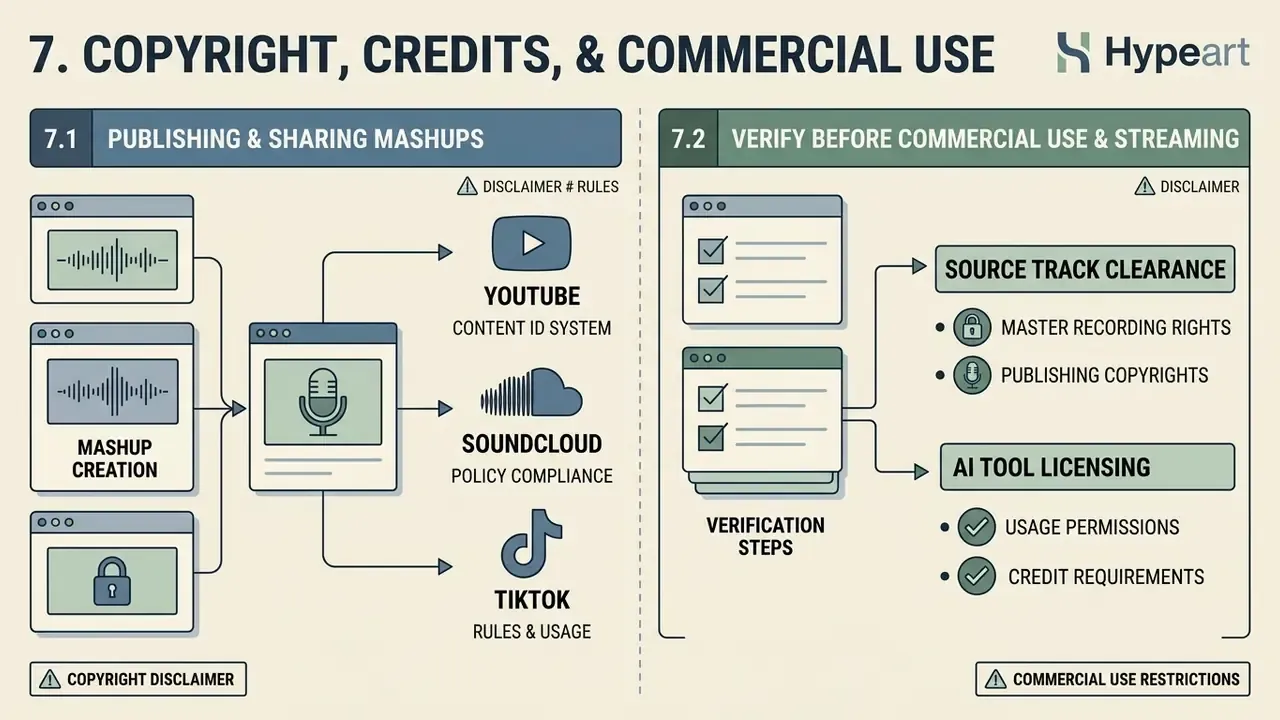 Flowchart detailing legal guidelines for publishing mashups and verifying commercial usage requirements