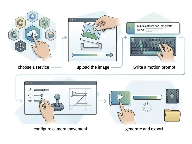 Sequential steps for AI image to video generation including uploading, prompting, and camera configuration