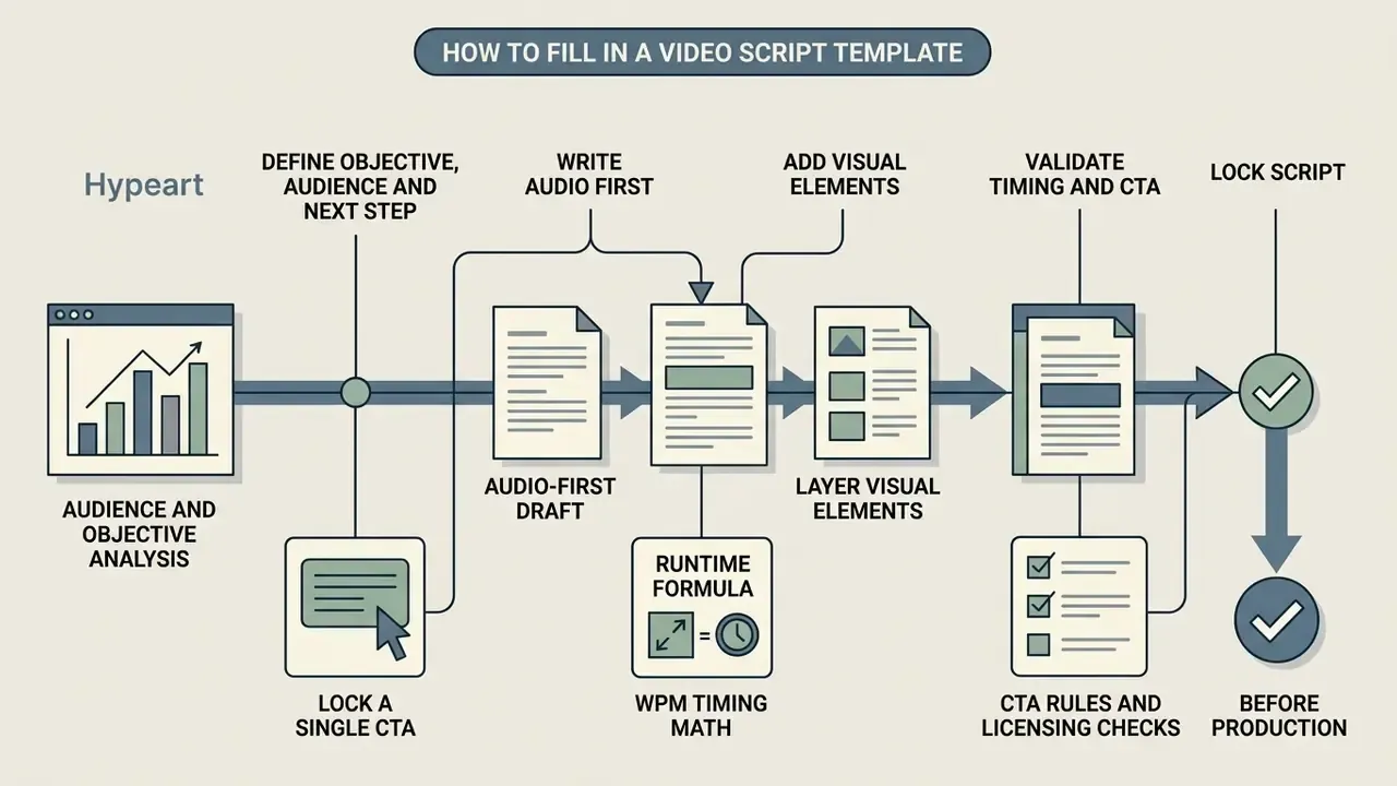 Linear process showing steps from audience analysis to audio drafting, visual layering, and final validation