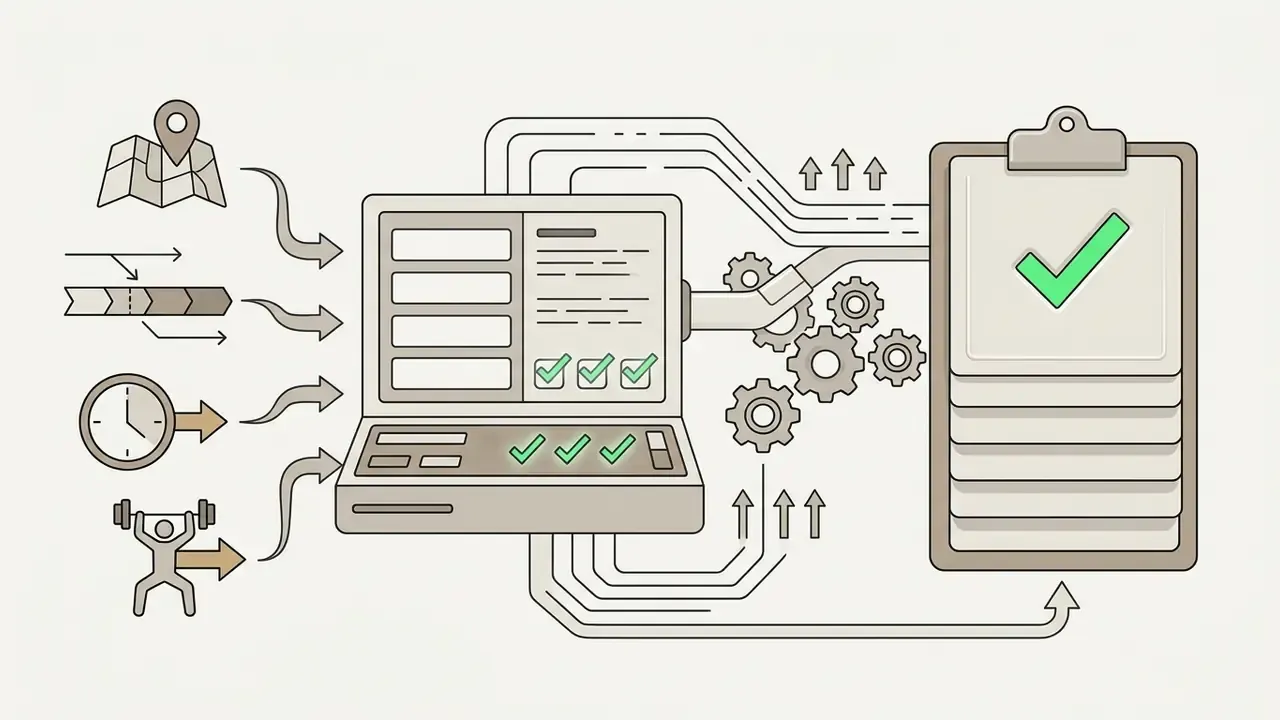 Icons representing location, schedule, and physical tasks feeding into a computer to process a checklist