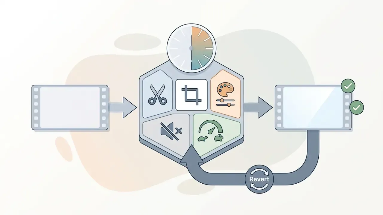 Hexagonal icon set showing video trimming, cropping, color, mute, and speed tools with a revert option