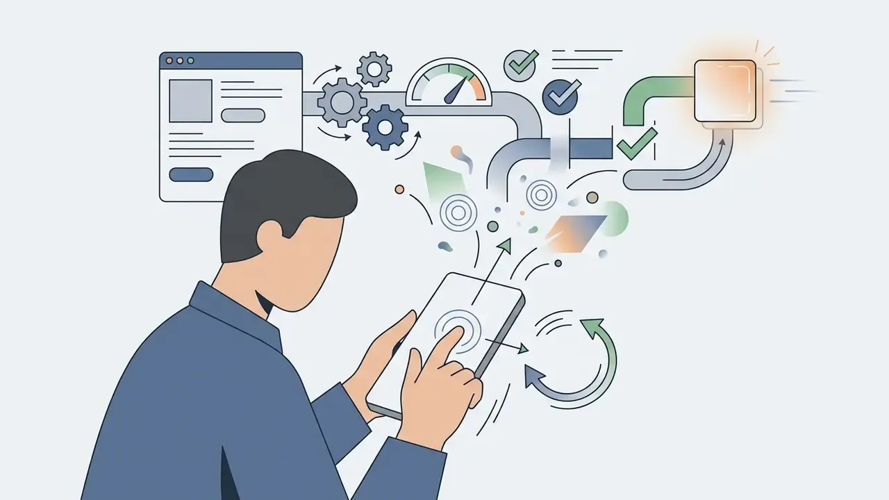 Person tapping a tablet screen to trigger a digital workflow of gears and processing icons