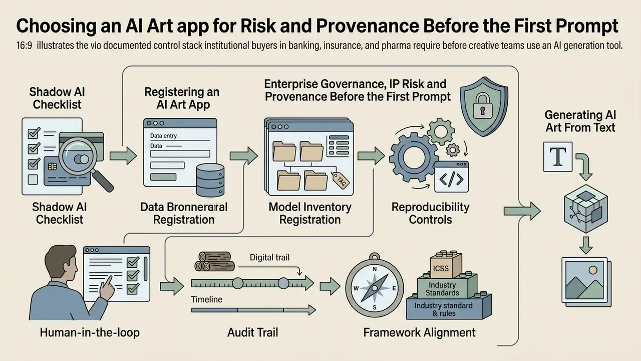 Flowchart displaying a control stack for institutional governance of generative creative tools