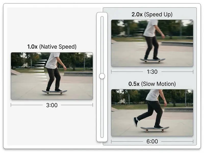Interactive comparison slider showing a skateboarder at native, accelerated, and slowed playback speeds